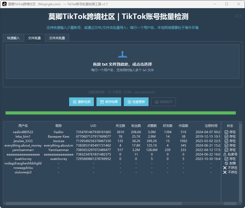 TikTok账号批量检测工具