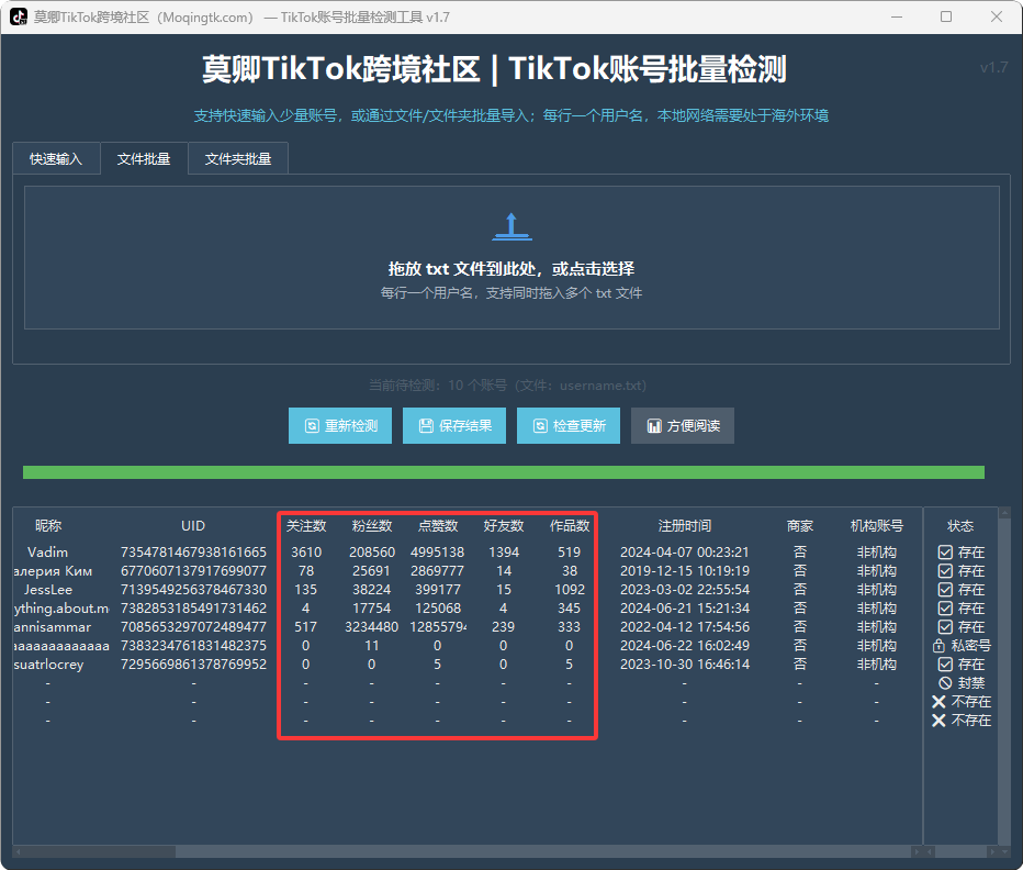 TikTok账号批量检测工具