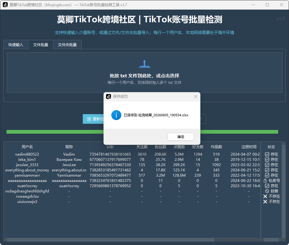 TikTok账号批量检测工具