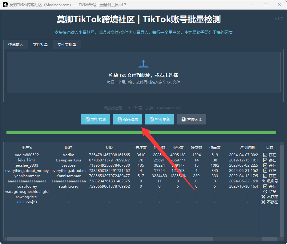 TikTok账号批量检测工具